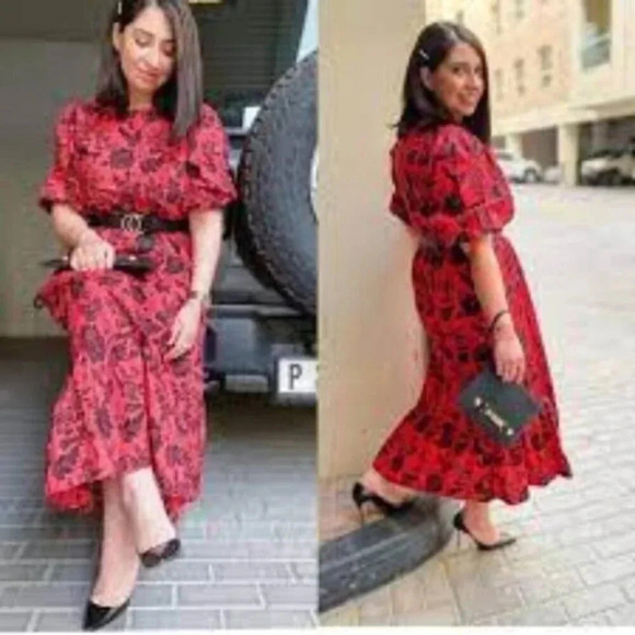 Zara Red Black Floral Sequin Casual Maxi Dress Blogger's Favourite XS - Picture 3 of 16